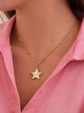 Gold Star Pendant Necklace with Crystal Inlay - Pink Accent
